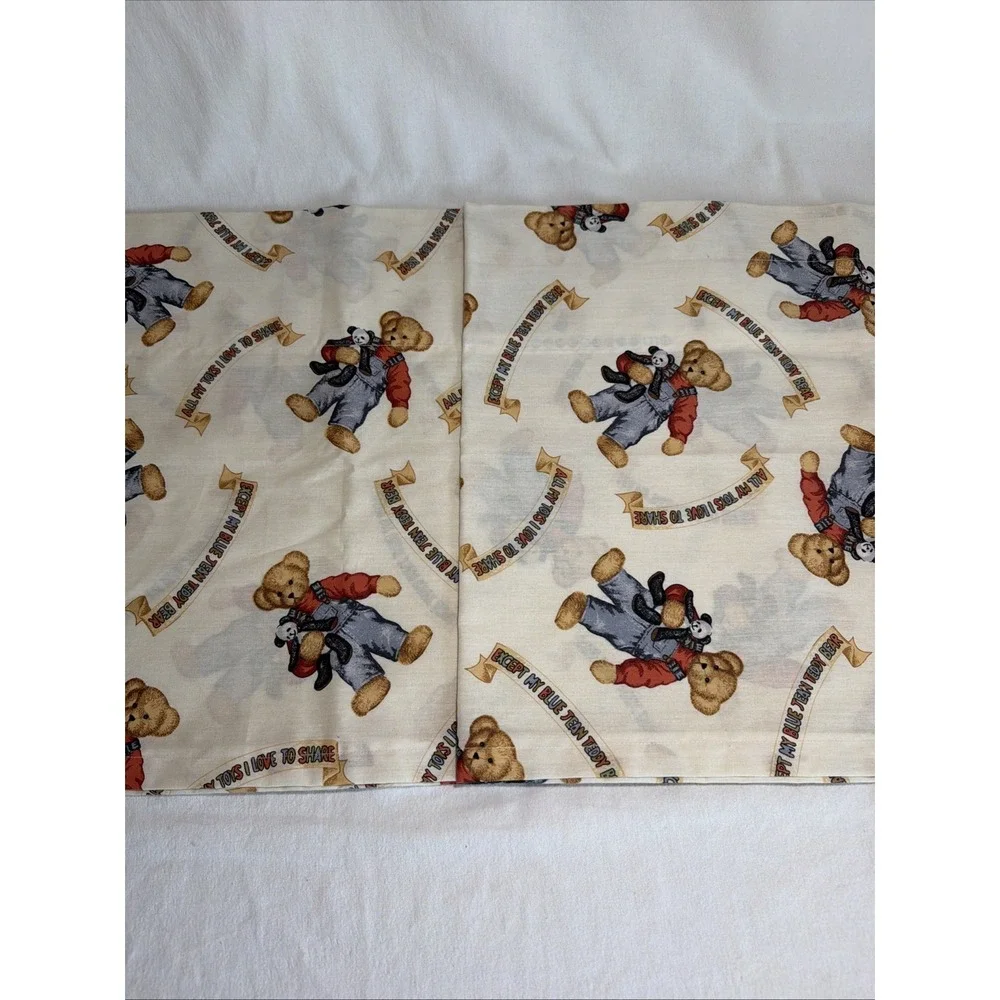 VTG Blue Jean Teddy Bear Valance Curtains set 45